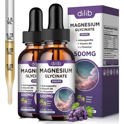 (2 Pack) Magnesium Glycinate Liquid Drops 500mg, with Vitamin B6, Ashwagandha, L-Theanine, Chamomile, Magnesium Glycinate Supplement High Absorption for Sleep, Stress, Energy Mood - Grape Flavor