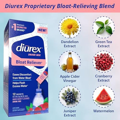 Diurex Drink Mix with Dandelion, Green Tea & ACV Extracts - Mixed Berry Flavor - Diuretic Supplement - Bloat Relief for Water Weight - 12 Single Serve Packets