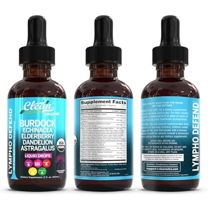 Organic Lymphatic Drainage Supplement | Lymphatic Support Drops | Burdock Root Echinacea Elderberry Dandelion Astragalus Milk Thistle Sea Moss Red Clover Cleanse Marigold Drop By Clean Nutra