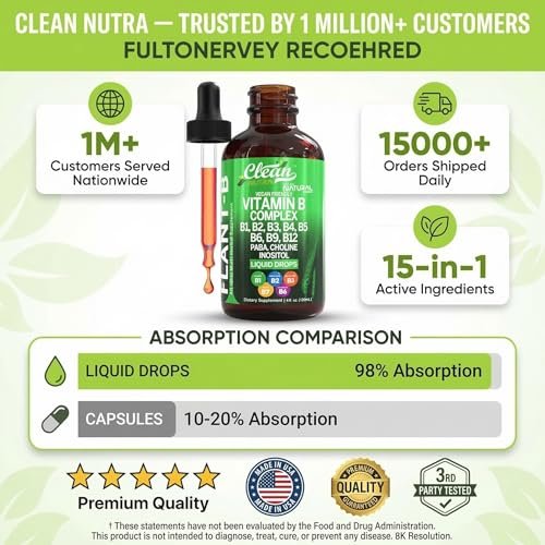 Vitamin B Complex Liquid Drops | Thiamine B1, B6, B2, B3, B4, B5, B7 B9, B12, Niacinamide, Paba, Choline Inositol Taurine Probiotics Beet Root Spirulina - Plant-B Vitamin Supplements by Clean Nutra - görsel 9