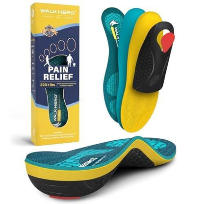 WalkHero Heavy Duty Orthotics Inserts - 220+ lbs Plantar Fasciitis High Arch Support Insoles - Flat Feet Orthopedic Inserts for Standing All Day (Mens 14-14.5, Coral Green)