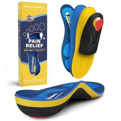 WalkHero Heavy Duty Orthotics Insoles, Remain Comfortable After Standing All Day, 220+lbs Plantar Fasciitis High Arch Support Inserts (Mens 5-5.5 | Womens 7-7.5, Glacial Blue)