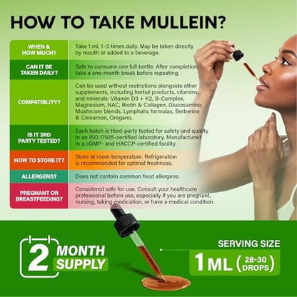 Mullein Drops for Lungs - USDA Organic Liquid - Mullein Leaf Extract Supplement - for Women & Men - Lung & Bronchial Cleanse for Smokers - Respiratory Health Support - As Tincture, Tea, Pills - 2 oz