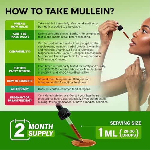 Mullein Drops for Lungs - USDA Organic Liquid - Mullein Leaf Extract Supplement - for Women & Men - Lung & Bronchial Cleanse for Smokers - Respiratory Health Support - As Tincture, Tea, Pills - 2 oz - görsel 8