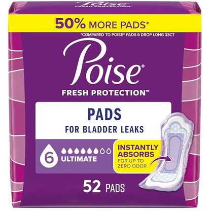 Poise Incontinence Pads & Postpartum Incontinence Pads, 6 Drop Ultimate Absorbency, Regular Length, 52 Count