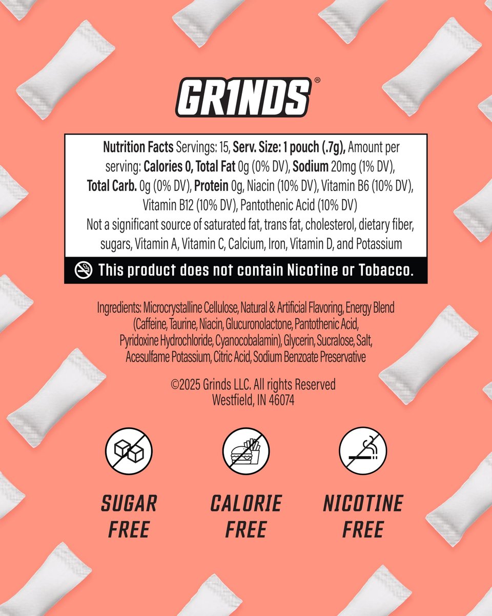 GRINDS Energy Pouches - Natural Caffeine Pouches - Contains B-Vitamins, Sugar-Free, & 0 Calories - 80mg of Caffeine in Each Pouch - Wintergreen, Peach, & Sour Apple - 3 Pack, 18 Pouches Per Can - görsel 9