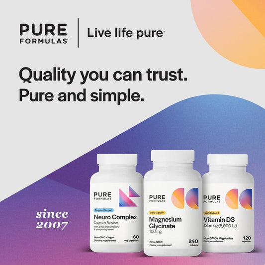 PureFormulas Magnesium Glycinate 100 mg Daily Support for Stress, Nerves, Sleep, Muscles, Metabolism Pure Magnesium Glycinate Supplement for Women and Men Magnesio Non-GMO 240 Tablets