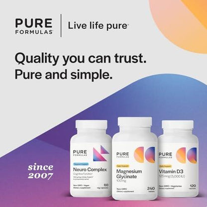 PureFormulas Magnesium Glycinate 100 mg Daily Support for Stress, Nerves, Sleep, Muscles, Metabolism Pure Magnesium Glycinate Supplement for Women and Men Magnesio Non-GMO 120 Tablets