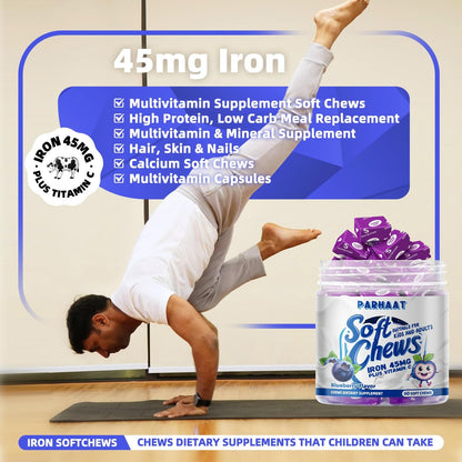 Parhaat Iron Soft Chew Supplement with Vitamin C | Blueberry Flavored | Gluten Free | Iron Supplement for Women Men and Kids | 60 Count | 2 Month Supply