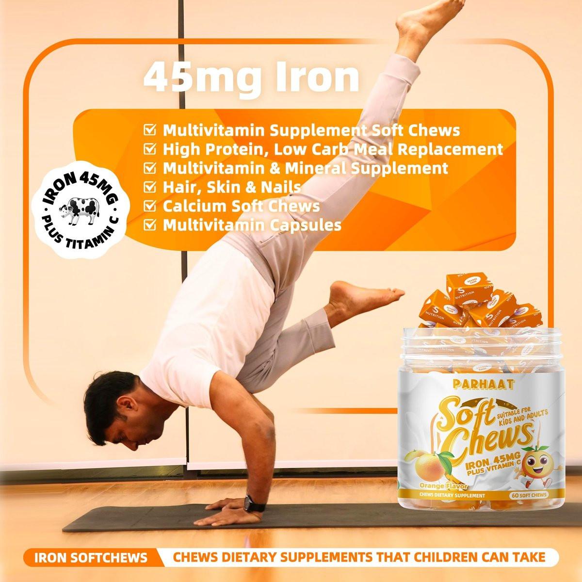 Iron Soft Chew Supplement with Vitamin C | Orange Flavored | Gluten Free | Iron Supplement for Women Men and Kids | 60 Count | 2 Month Supply - görsel 5