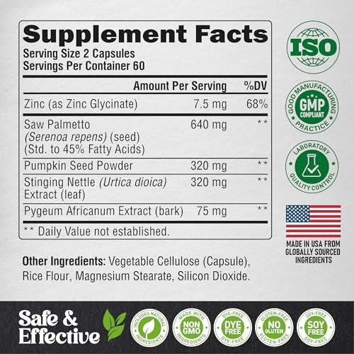Saw Palmetto for Men 640mg - Pumpkin Seed | Nettle | Zinc & Pygeum - Prostate Health & Urinary Supplement - DHT Blocking & Hair Support - 45% Fatty Acids, Clinical Strength - 120 Capsules - görsel 3