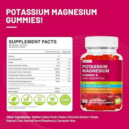 Potassium Magnesium Gummies - Magnesium Glycinate B6,D3 & Potassium Citrate for Leg Cramps, Muscle, Electrolyte for Adults Kids, Sugar-Free - 60 Raspberry Gummies