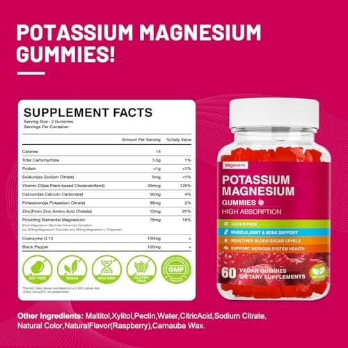 Potassium Magnesium Gummies - Magnesium Glycinate B6,D3 & Potassium Citrate for Leg Cramps, Muscle, Electrolyte for Adults Kids, Sugar-Free - 60 Raspberry Gummies - görsel 12