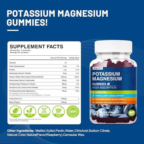 Potassium Magnesium Gummies - Magnesium Glycinate B6,D3 & Potassium Citrate for Leg Cramps, Muscle, Electrolyte for Adults Kids, Sugar-Free - 60 Blueberry Gummies - görsel 11