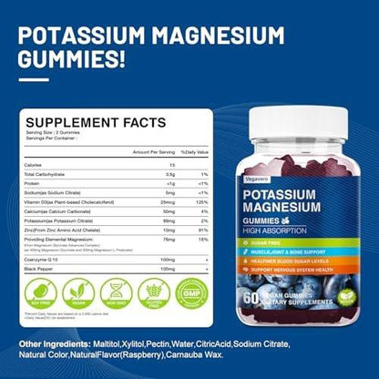 Potassium Magnesium Gummies - Magnesium Glycinate B6,D3 & Potassium Citrate for Leg Cramps, Muscle, Electrolyte for Adults Kids, Sugar-Free - 60 Blueberry Gummies