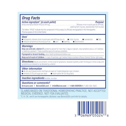 Boiron Arnica Montana 200CK Homeopathic Medicine for Pain Relief, Muscle Pain & Stiffness, Swelling from Injuries, & Bruises - 3 Count (240 Pellets)