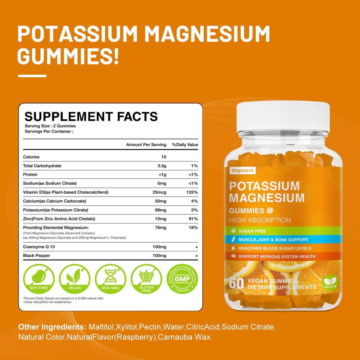 Potassium Magnesium Gummies - Magnesium Glycinate B6,D3 & Potassium Citrate for Leg Cramps,Muscle,Electrolyte for Adults Kids,Sugar-Free - 60 Orange Gummies - görsel 4
