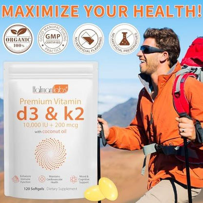 MXCZBSM Vitamin D3 K2 Supplement Softgel, 10000 IU D3 + K2, 2 Pack (120-Day Supply) for Immune, Heart, Teeth & Bone Health, Non-GMO, Gluten & Soy Free