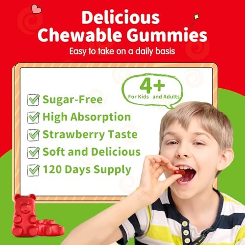 Kids Magnesium Glycinate Gummies, Magnesium Supplement with L-Theanine, Vitamin B6, D3 for Kids & Adults, Calm Magnesium for Sleep Relaxation, Brain, Bones, Sugar Free Strawberry 120ct - görsel 8