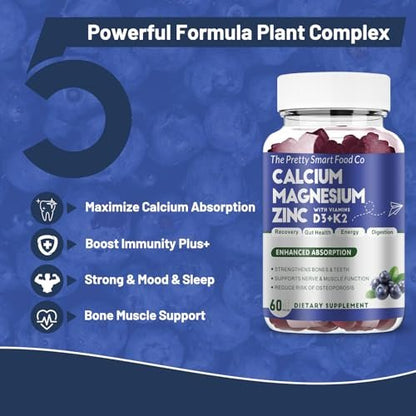 Calcium Magnesium Zinc Gummies with Vitamin D3 & K2 for Bone, Muscle & Immune Support - High Potency Enhanced Absorption - 60 Blueberry Gummies