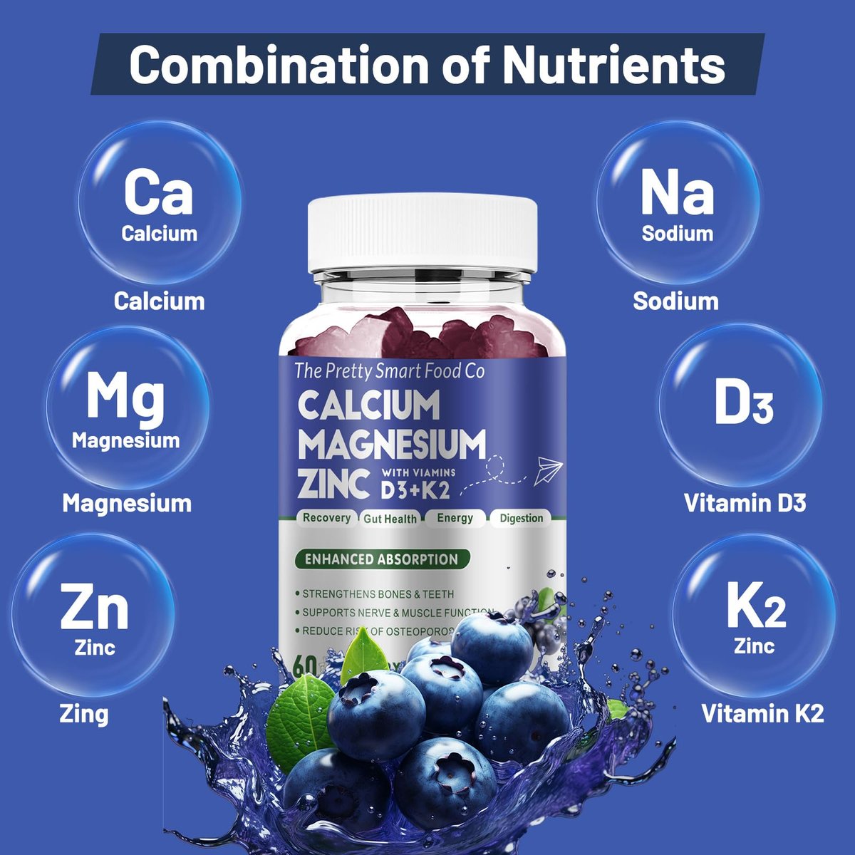 Calcium Magnesium Zinc Gummies with Vitamin D3 & K2 for Bone, Muscle & Immune Support - High Potency Enhanced Absorption - 60 Blueberry Gummies - görsel 3