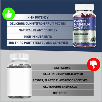 Calcium Magnesium Zinc Gummies with Vitamin D3 & K2 for Bone, Muscle & Immune Support - High Potency Enhanced Absorption - 60 Blueberry Gummies