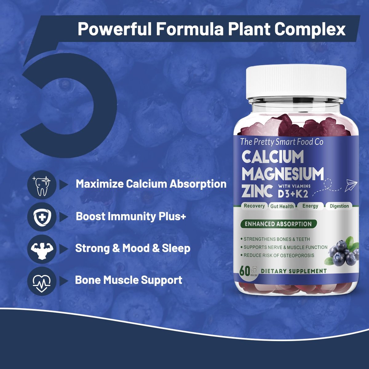 Calcium Magnesium Zinc Gummies with Vitamin D3 & K2 for Bone, Muscle & Immune Support - High Potency Enhanced Absorption - 60 Blueberry Gummies - görsel 11