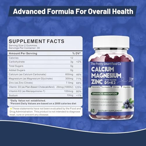 Calcium Magnesium Zinc Gummies with Vitamin D3 & K2 for Bone, Muscle & Immune Support - High Potency Enhanced Absorption - 60 Blueberry Gummies - görsel 8