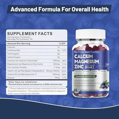Calcium Magnesium Zinc Gummies with Vitamin D3 & K2 for Bone, Muscle & Immune Support - High Potency Enhanced Absorption - 60 Blueberry Gummies