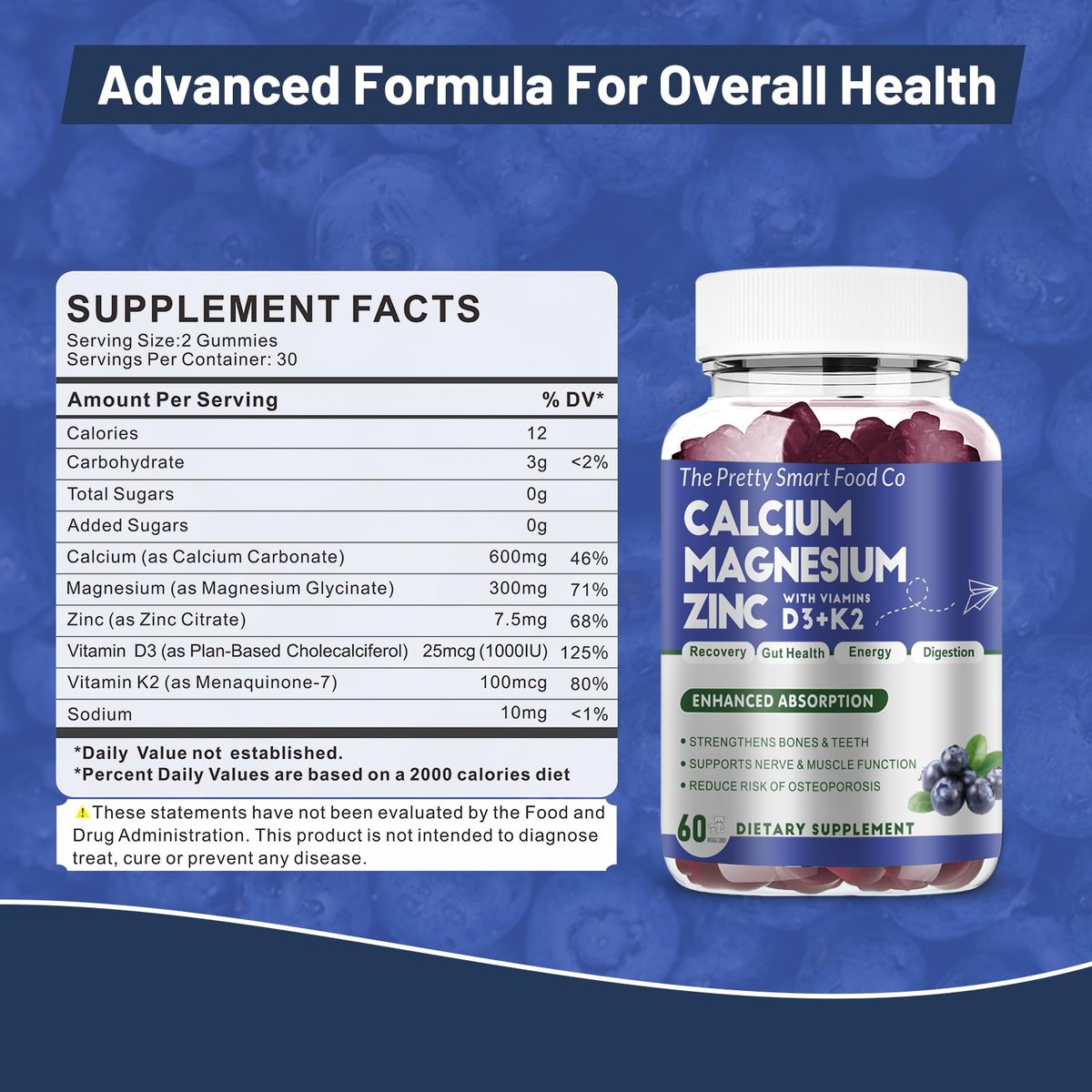 Calcium Magnesium Zinc Gummies with Vitamin D3 & K2 for Bone, Muscle & Immune Support - High Potency Enhanced Absorption - 60 Blueberry Gummies - görsel 7