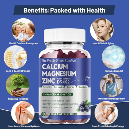 Calcium Magnesium Zinc Gummies with Vitamin D3 & K2 for Bone, Muscle & Immune Support - High Potency Enhanced Absorption - 60 Blueberry Gummies