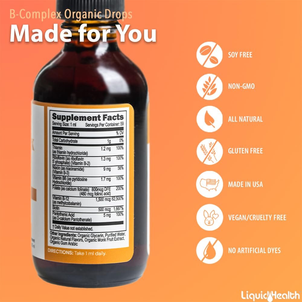 LIQUIDHEALTH USDA Organic Vitamin B Complex Drops for Men & Women - Natural Energy, Improved Focus, Memory & Mood, Immune Support, Metabolism Boost - USA Made, Extra Strength, Sugar Free, Vegan (2 oz) - görsel 8