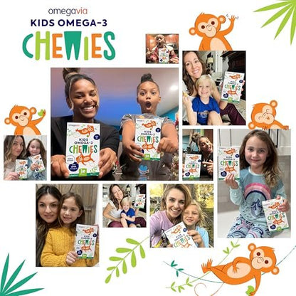 OmegaVia Omega 3 Chewies, Daily DHA Chewable Vitamins for Kids, Omega 3 for Ages 3-12 to Support Brain & Eye Health, Sugar-Free Natural Fruit Flavor, Omega 3 Fish Oil, 30 Individual Packets