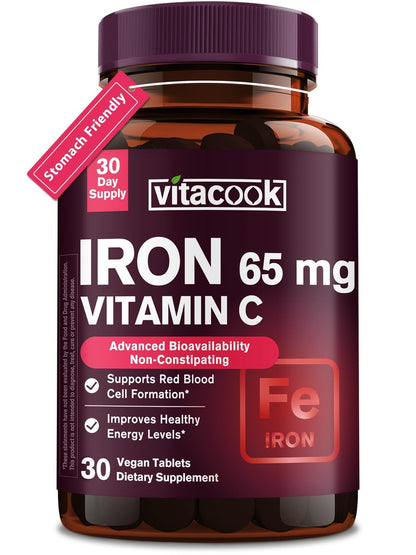 Iron Supplement for Women Men, High Potency Iron 65mg with Vitamin C 250mg, Stomach Friendly Iron Pills for Red Blood Cell & Immune Support, Vegan, Non-GMO & Gluten Free, 30 Tablets