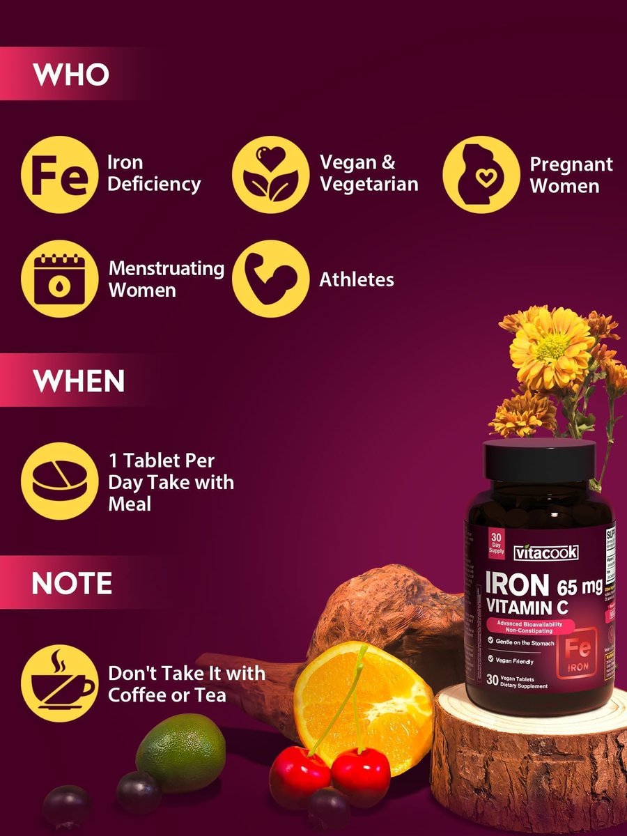 Iron Supplement for Women Men, High Potency Iron 65mg with Vitamin C 250mg, Stomach Friendly Iron Pills for Red Blood Cell & Immune Support, Vegan, Non-GMO & Gluten Free, 30 Tablets - görsel 11