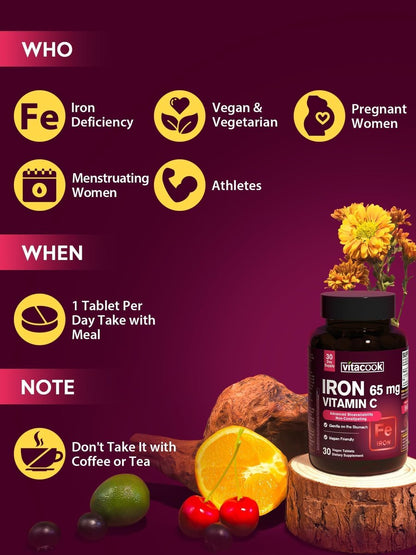 Iron Supplement for Women Men, High Potency Iron 65mg with Vitamin C 250mg, Stomach Friendly Iron Pills for Red Blood Cell & Immune Support, Vegan, Non-GMO & Gluten Free, 30 Tablets