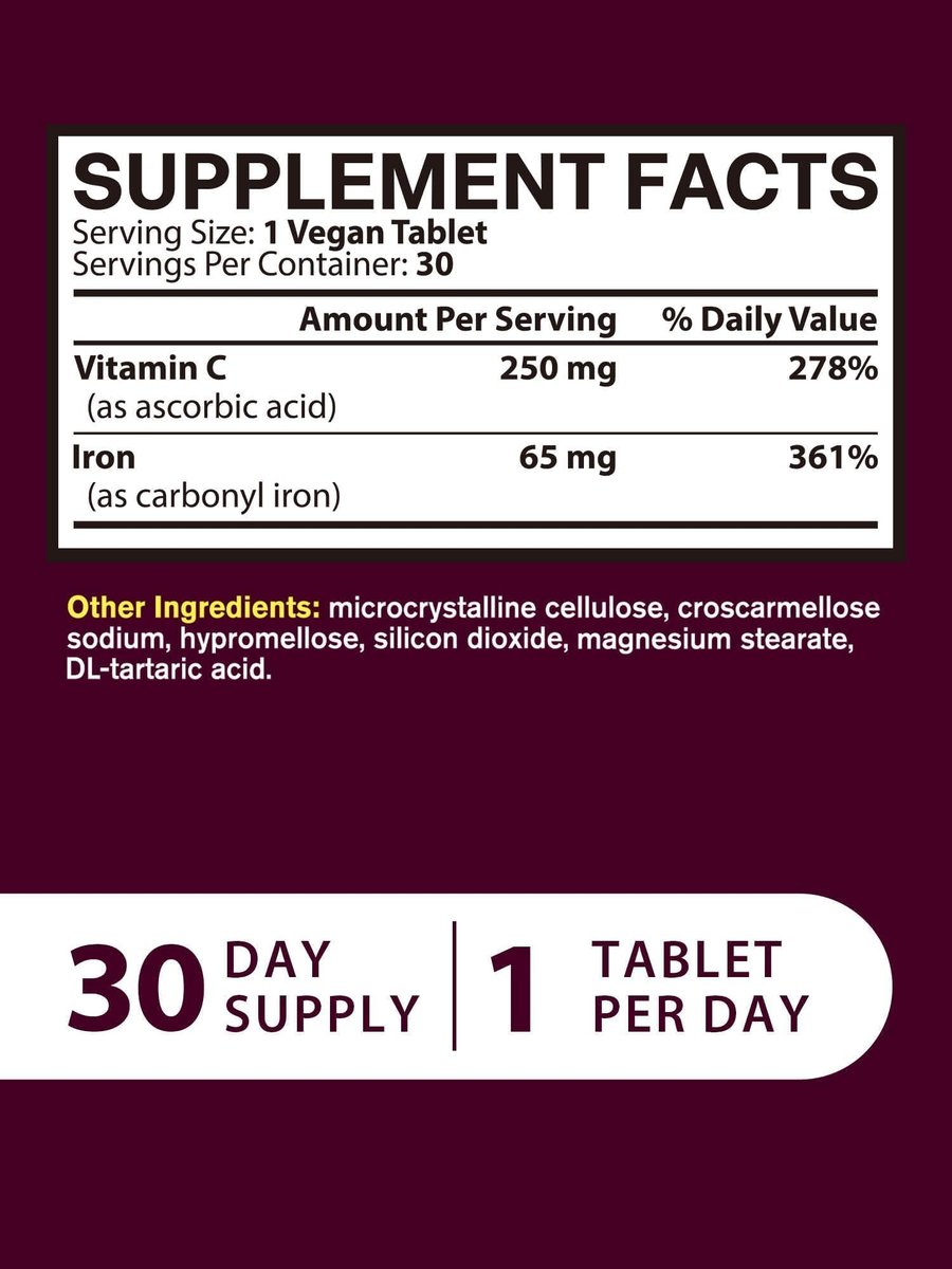 Iron Supplement for Women Men, High Potency Iron 65mg with Vitamin C 250mg, Stomach Friendly Iron Pills for Red Blood Cell & Immune Support, Vegan, Non-GMO & Gluten Free, 30 Tablets - görsel 9