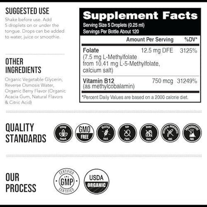 Organic L Methylfolate 7.5 mg Plus Methyl B12 Cofactor - Metabolically Active 5-MTHF Form, Superior Form of Folate - Organic Berry Flavor, Liquid Sublingual Form – Mood, Cognition, Methylation (1oz)