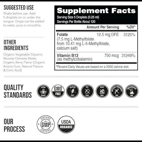 Organic L Methylfolate 7.5 mg Plus Methyl B12 Cofactor - Metabolically Active 5-MTHF Form, Superior Form of Folate - Organic Berry Flavor, Liquid Sublingual Form – Mood, Cognition, Methylation (1oz) - görsel 3