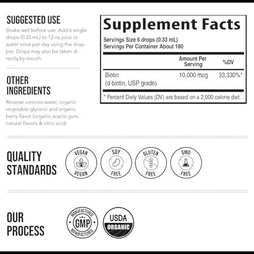 Liquid Biotin 10,000mcg Drops for Women – Organic USP Grade Dietary Supplement – High-Absorption Formula – Supports Healthy Hair, Skin & Nails – Natural Berry Flavor – 180 Servings, 2 oz - görsel 4