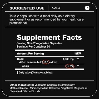 Toniiq Garlic Capsules with 10,000mcg Allicin - Odorless - 50:1 Extract for Maximum Potency - Third-Party Lab Tested - 60 Vegetarian Capsules