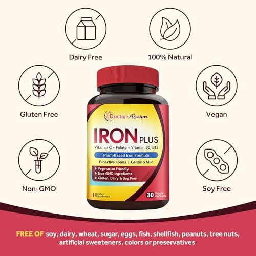 Doctor's Recipes Iron Supplement for Women & Men - Gentle Iron Bisglycinate with Vitamin C, B6, Folate & B12, Stomach Friendly Iron Pills, 30 Vegan Caps - görsel 9