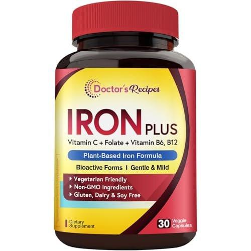 Doctor's Recipes Iron Supplement for Women & Men - Gentle Iron Bisglycinate with Vitamin C, B6, Folate & B12, Stomach Friendly Iron Pills, 30 Vegan Caps - görsel 1