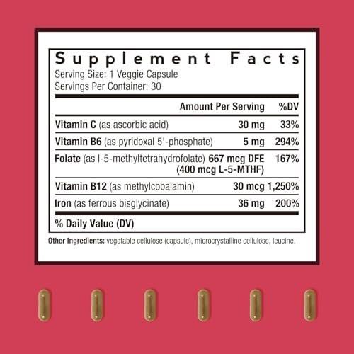 Doctor's Recipes Iron Supplement for Women & Men - Gentle Iron Bisglycinate with Vitamin C, B6, Folate & B12, Stomach Friendly Iron Pills, 30 Vegan Caps - görsel 3