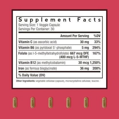 Doctor's Recipes Iron Supplement for Women & Men - Gentle Iron Bisglycinate with Vitamin C, B6, Folate & B12, Stomach Friendly Iron Pills, 30 Vegan Caps