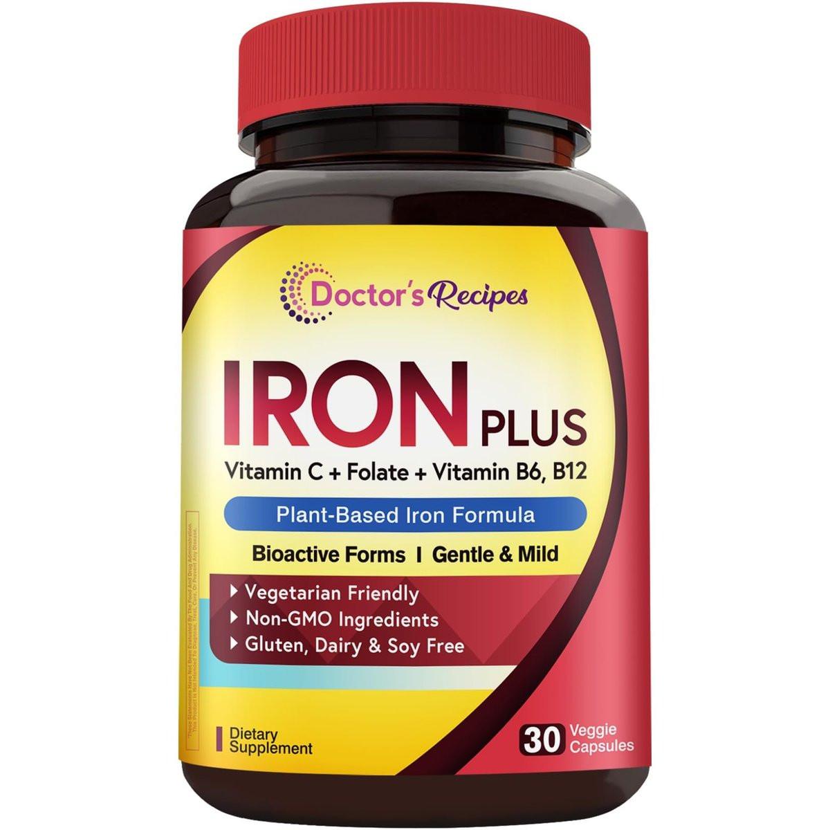 Doctor's Recipes Iron Supplement for Women & Men - Gentle Iron Bisglycinate with Vitamin C, B6, Folate & B12, Stomach Friendly Iron Pills, 30 Vegan Caps - görsel 2