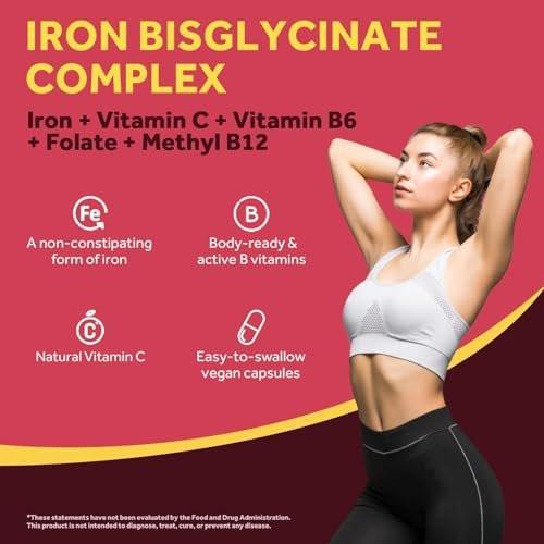 Doctor's Recipes Iron Supplement for Women & Men - Gentle Iron Bisglycinate with Vitamin C, B6, Folate & B12, Stomach Friendly Iron Pills, 30 Vegan Caps - görsel 5