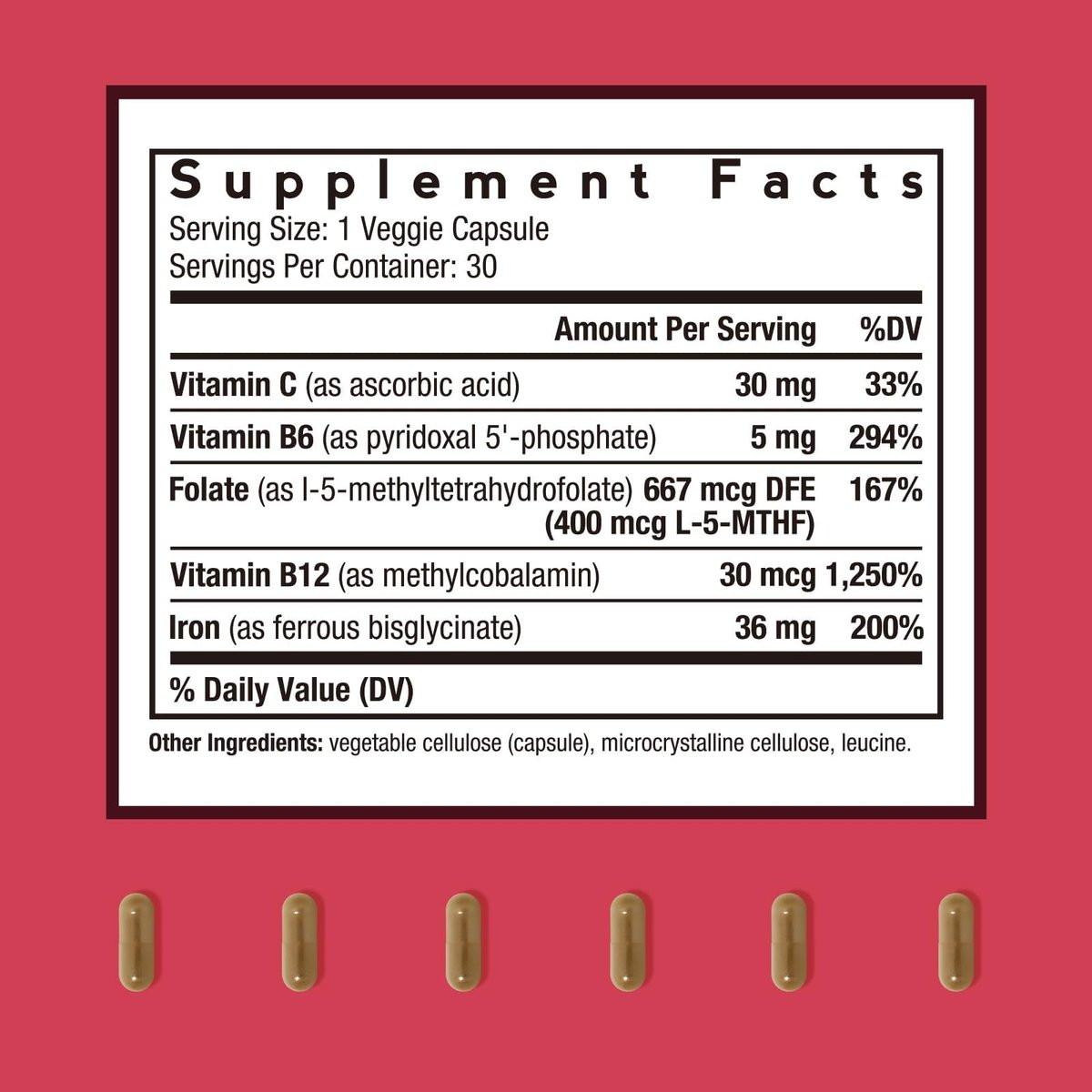 Doctor's Recipes Iron Supplement for Women & Men - Gentle Iron Bisglycinate with Vitamin C, B6, Folate & B12, Stomach Friendly Iron Pills, 30 Vegan Caps - görsel 4