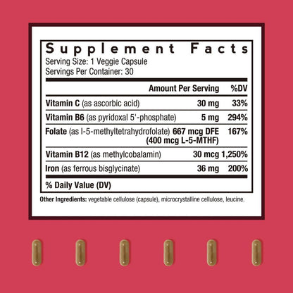 Doctor's Recipes Iron Supplement for Women & Men - Gentle Iron Bisglycinate with Vitamin C, B6, Folate & B12, Stomach Friendly Iron Pills, 30 Vegan Caps