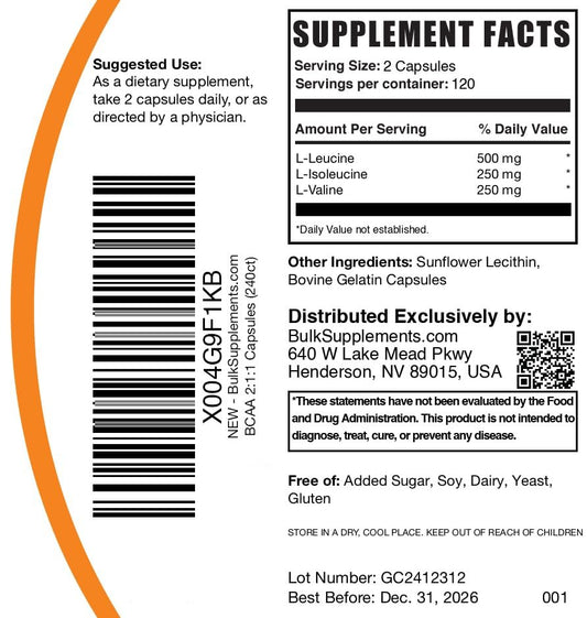 BulkSupplements.com BCAA 2:1:1 Capsules - Branched Chain Amino Acids, BCAA Supplements, BCAA Capsules, BCAA Pills - Gluten Free, 240 Capsules (Pack of 1)